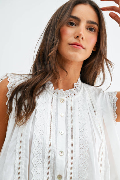 Broderie Anglaise Sleeveless Cotton Blouse