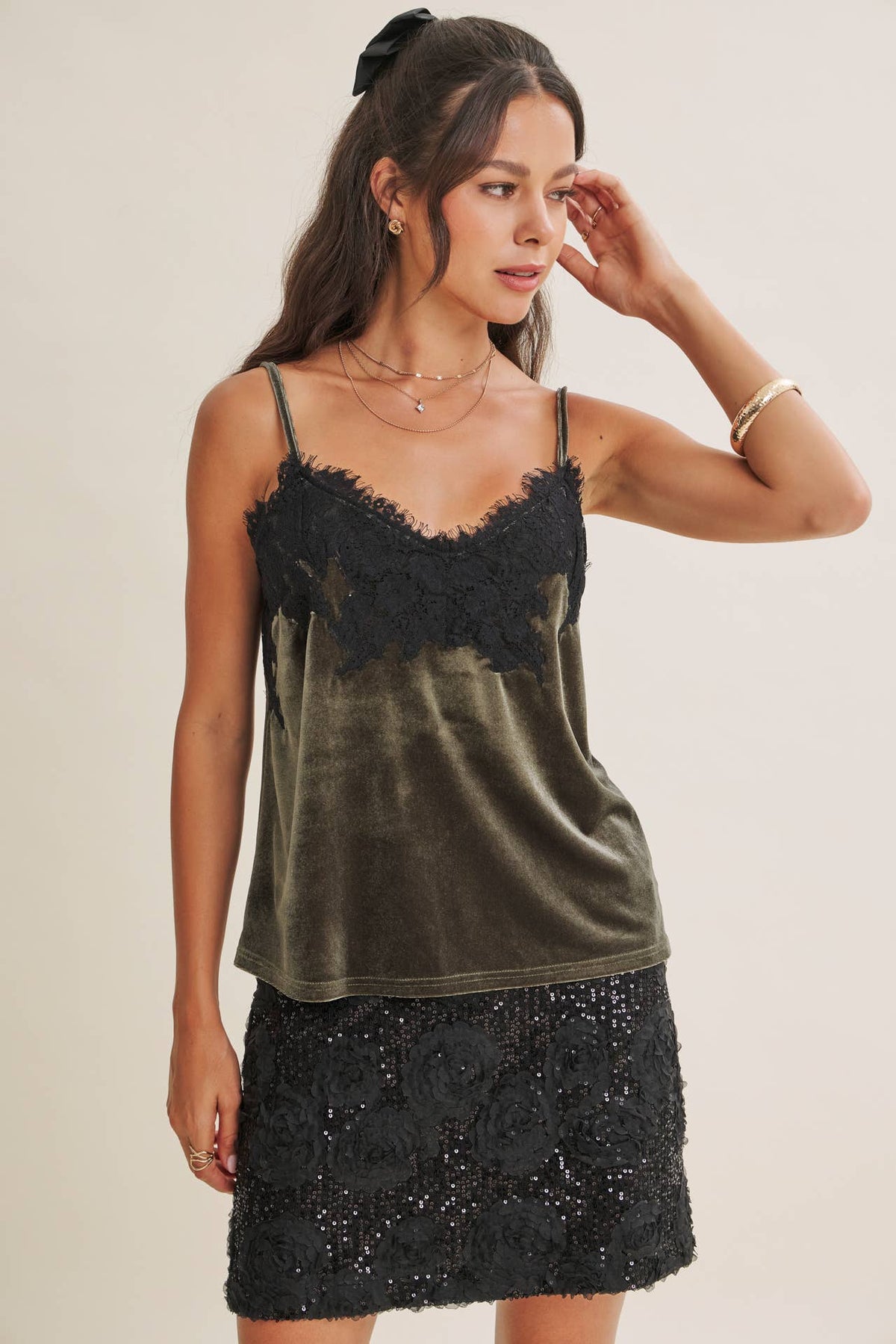EVENING WHISPER ELEVATED EYELASH LACE VELVET CAMI