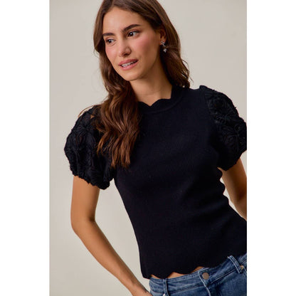 3D FLORAL CONTRAST SLEEVE SCALLOP SWEATER KNIT TOP