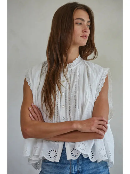 Eyelet Button-down Cap Sleeve Top