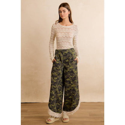 CAMO PRINT LACE HEM FULL LENGTH WIDE LEG PANTS