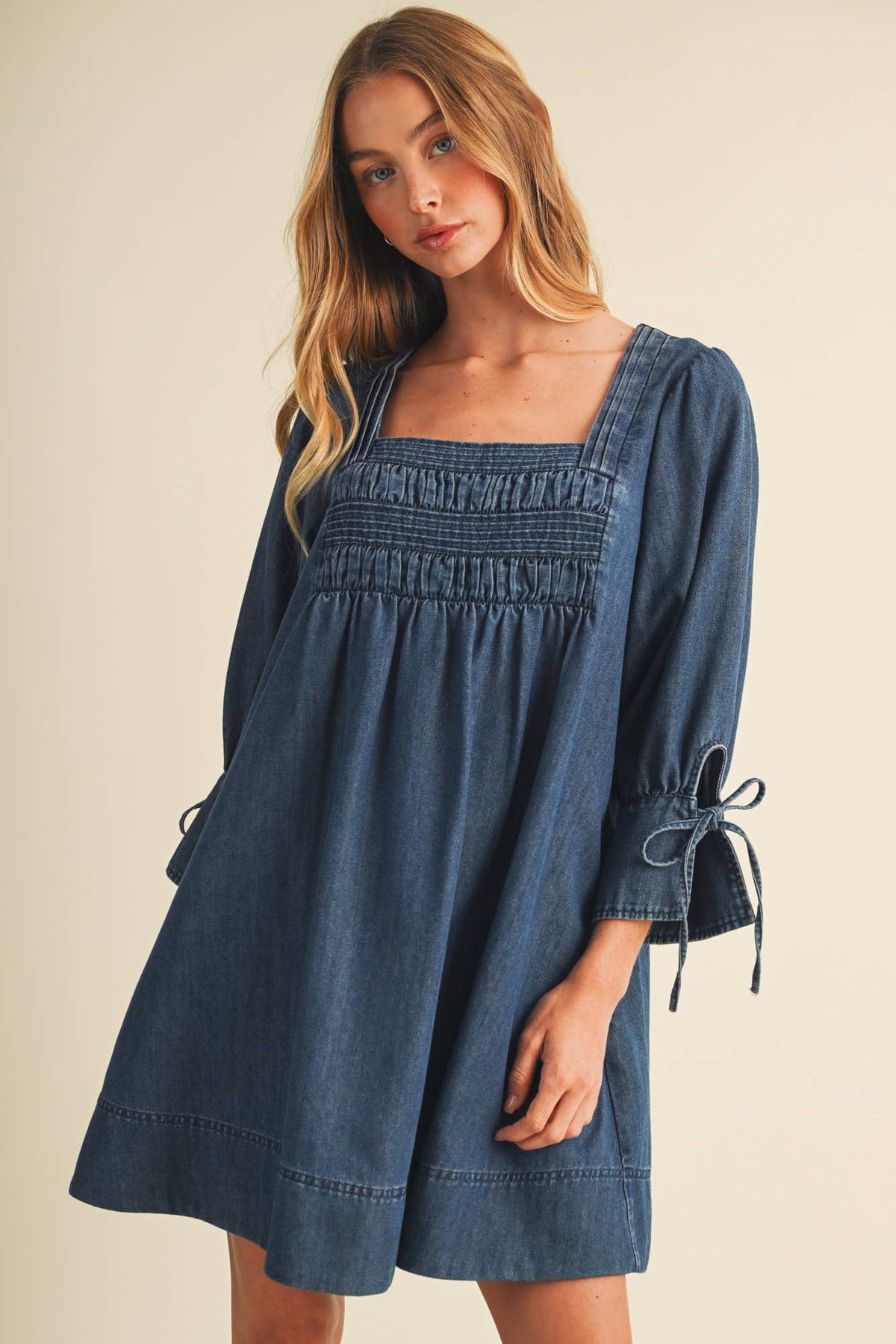 Square-Neck Smocked Denim Trapeze Dress