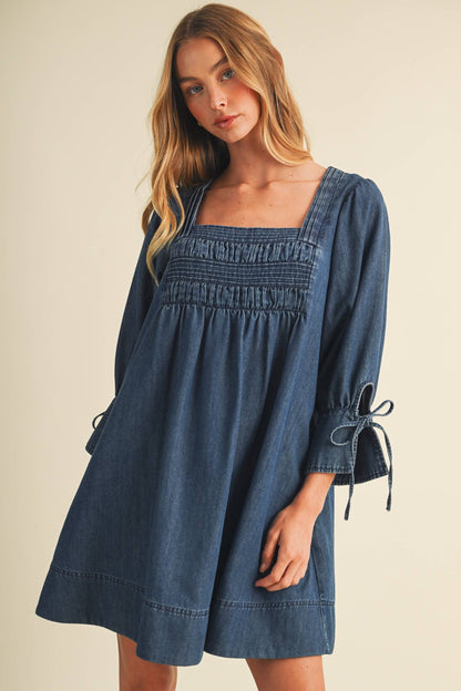 Square-Neck Smocked Denim Trapeze Dress
