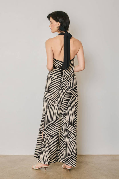 Tropical Leaf Contrast Bind Halter Maxi Dress