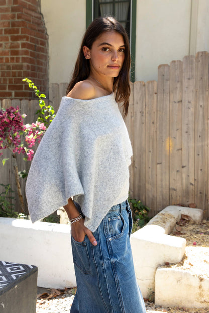 AINSLEY Off Shoulder Asymmetric Knit Poncho Sweater
