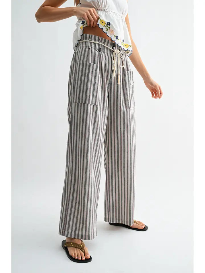 Striped Linen-Blend Drawstring Pant