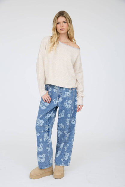 CONTRAST TRIM OFF SHOULDER LONG SLEEVE SWEATER