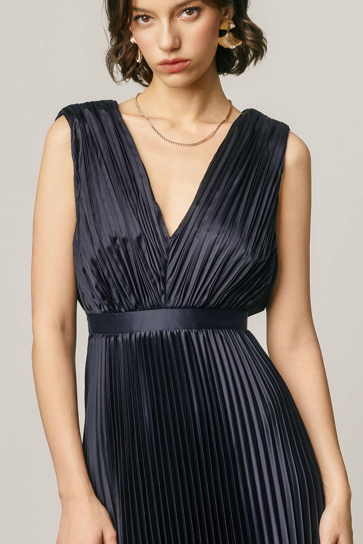Pleated Satin V Neck Maxi Dress