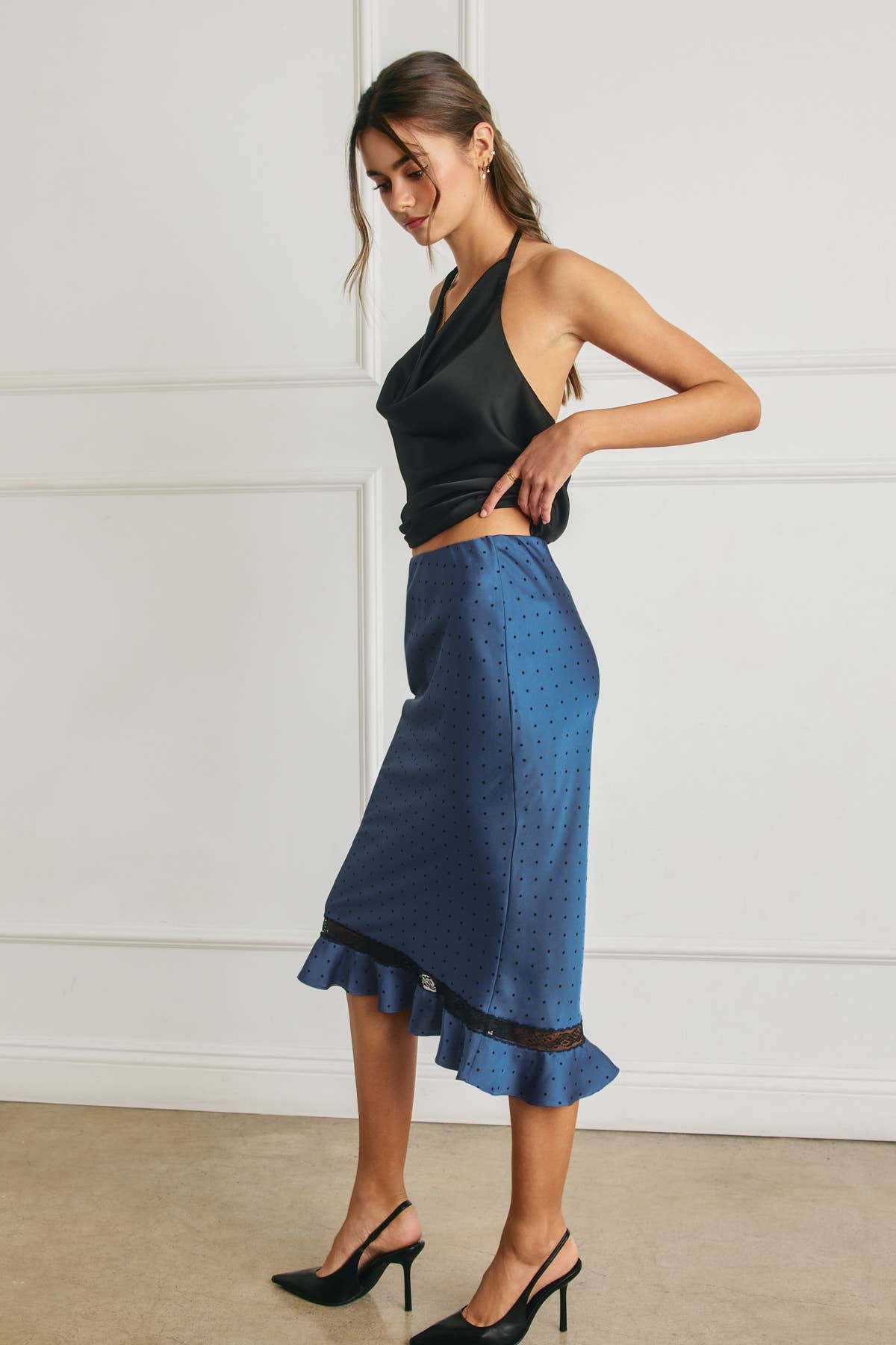 Polka Dot Lace Inset Ruffled Skirt