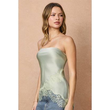 Satin Asymmetrical Lace Hem Sleeveless Top