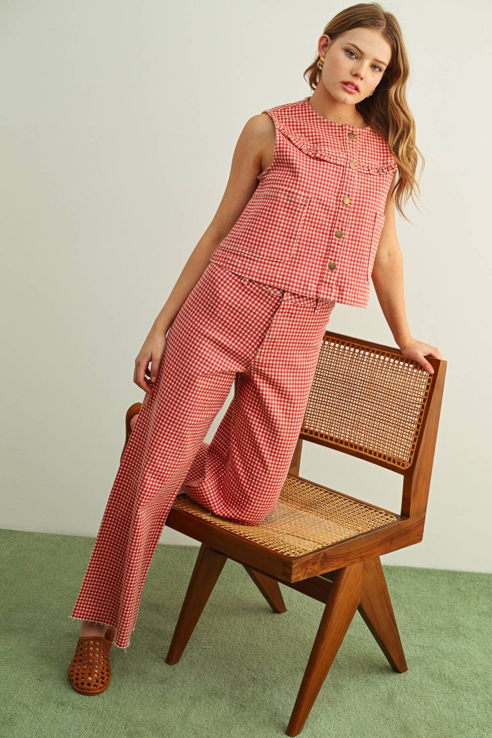 GINGHAM PRINTED STRETCH PANTS