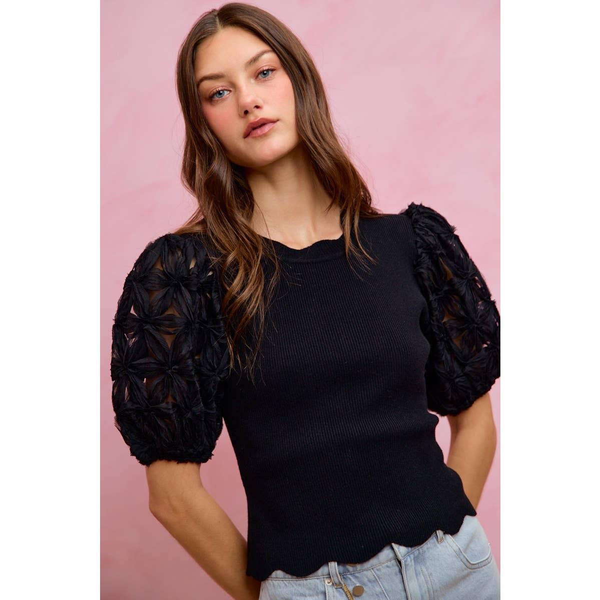 3D FLORAL CONTRAST SLEEVE SCALLOP SWEATER KNIT TOP