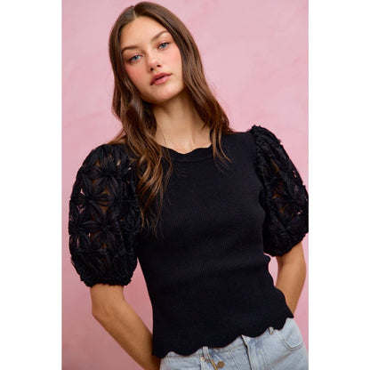 3D FLORAL CONTRAST SLEEVE SCALLOP SWEATER KNIT TOP