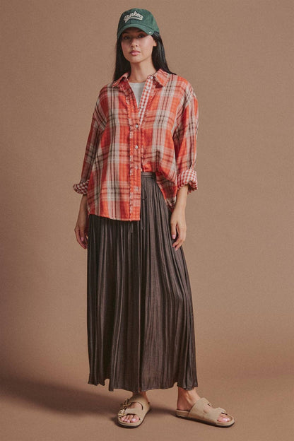 Washed Satin Crinkle Pleated Maxi Skirt