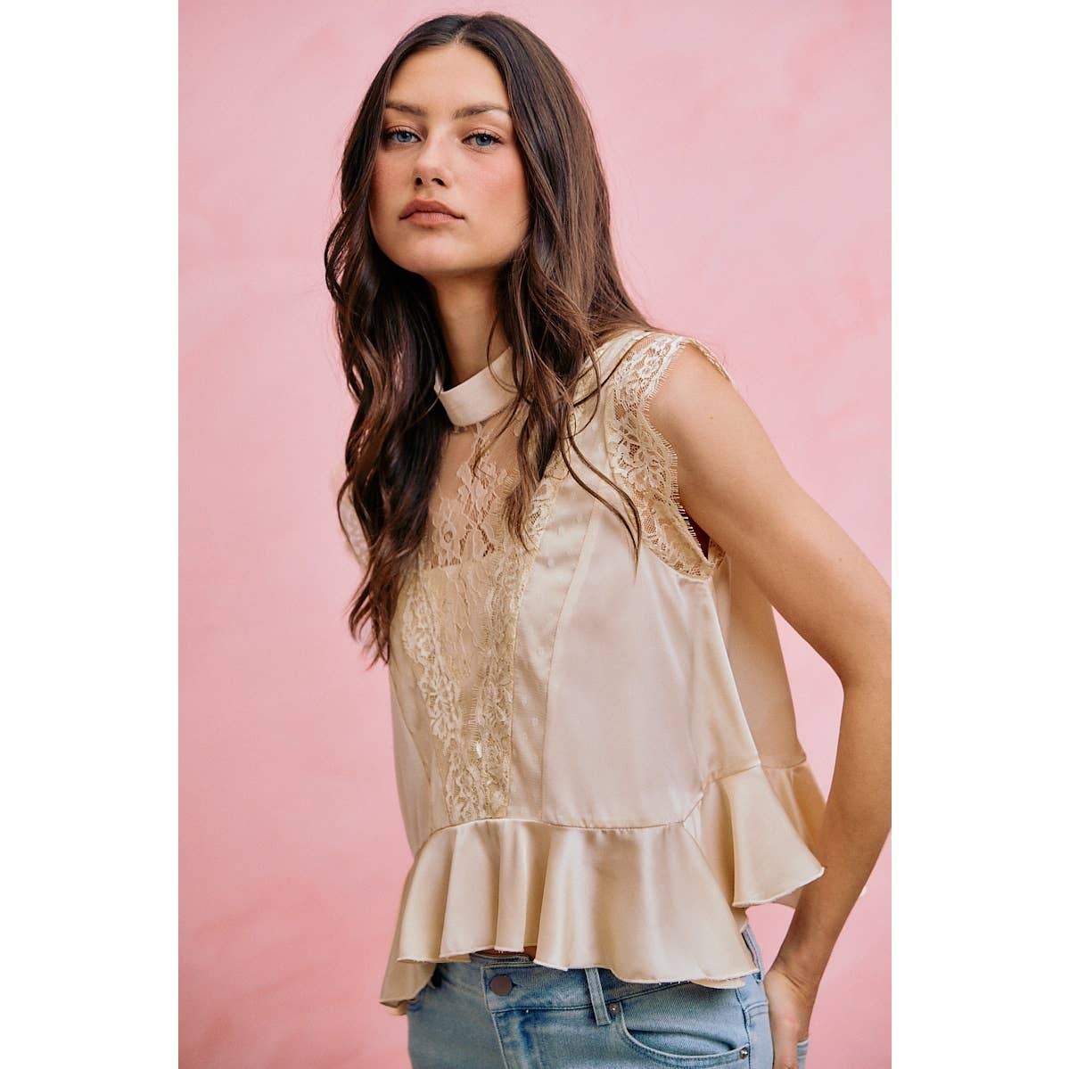 SATIN MOCK NECK LACE TRIM PEPLUM BLOUSE TOP