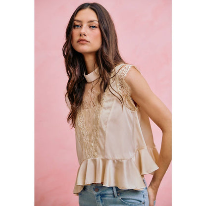 SATIN MOCK NECK LACE TRIM PEPLUM BLOUSE TOP