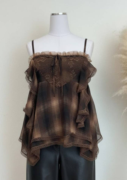 PLAID RUFFLE LACE FLOWY TOP