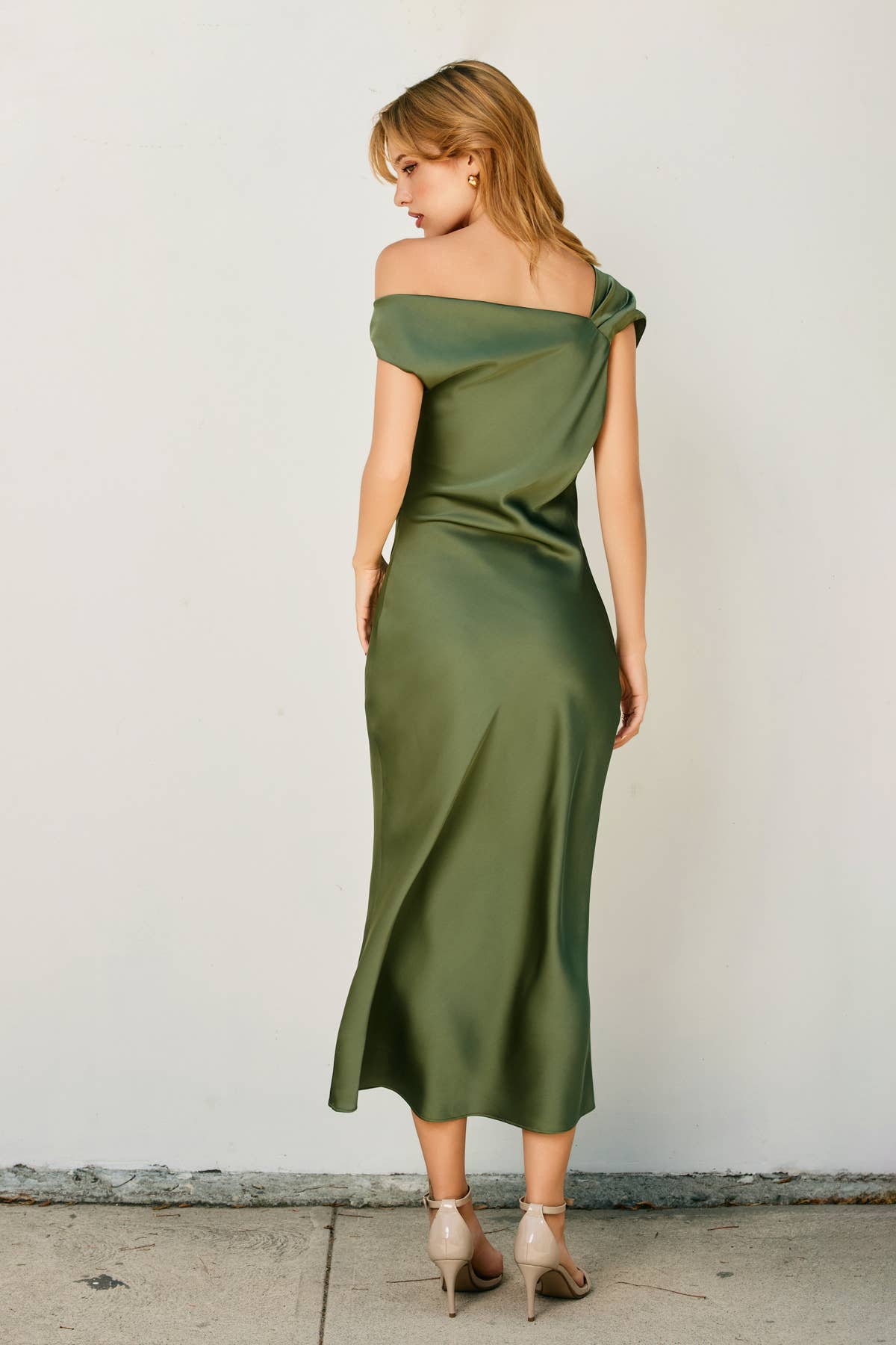 Satin Off The Shoulder Ruche Midi Dress