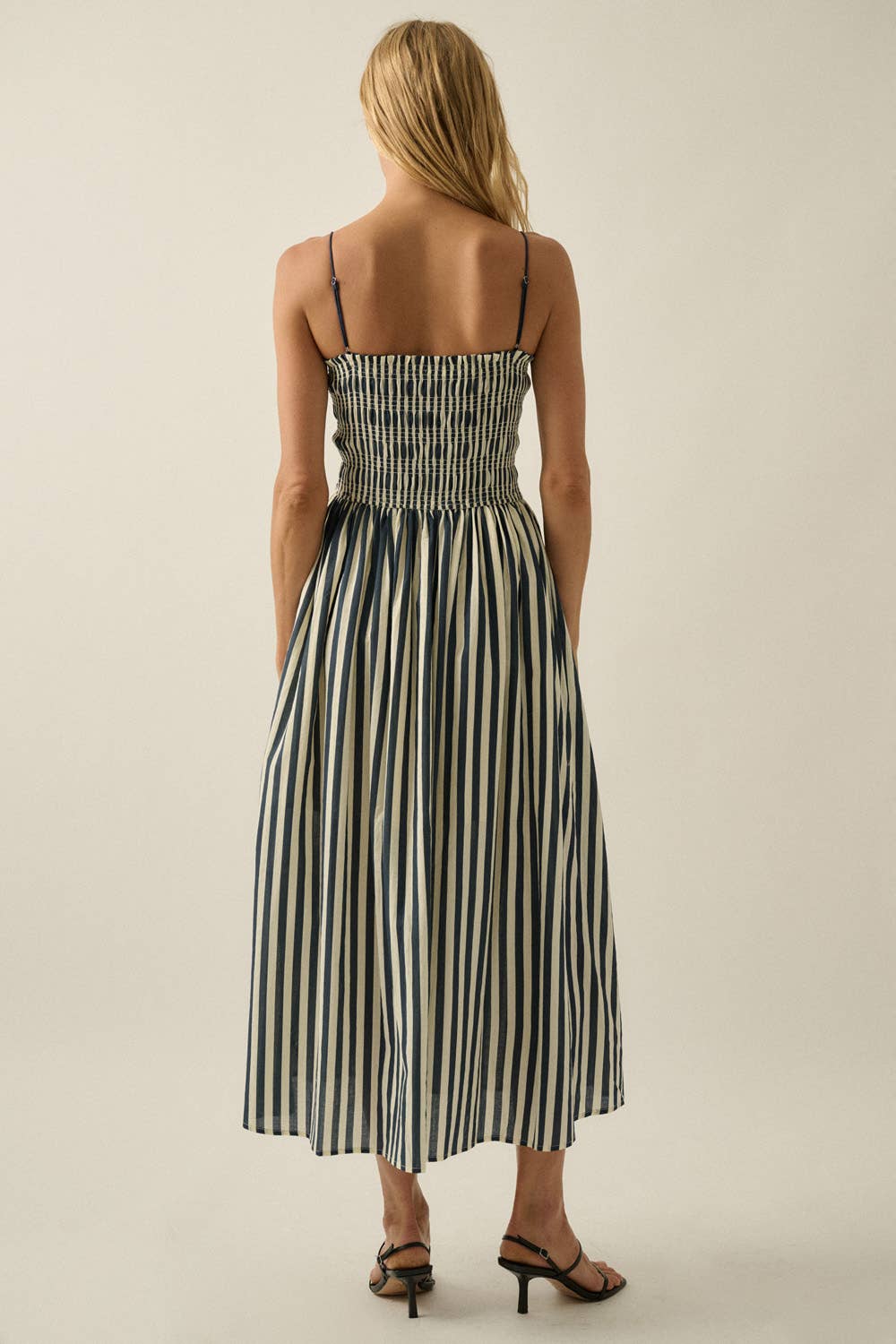 Striped Cotton-Blend Smocked Pocket Midi Dress