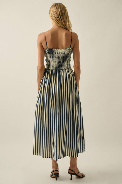 Striped Cotton-Blend Smocked Pocket Midi Dress