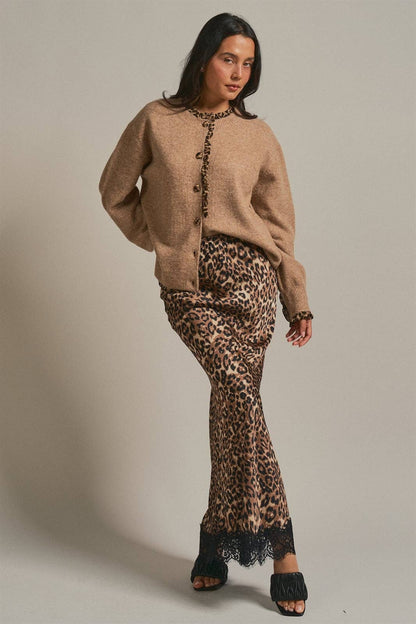 Leopard Print Satin Maxi Skirt with Lace Hem