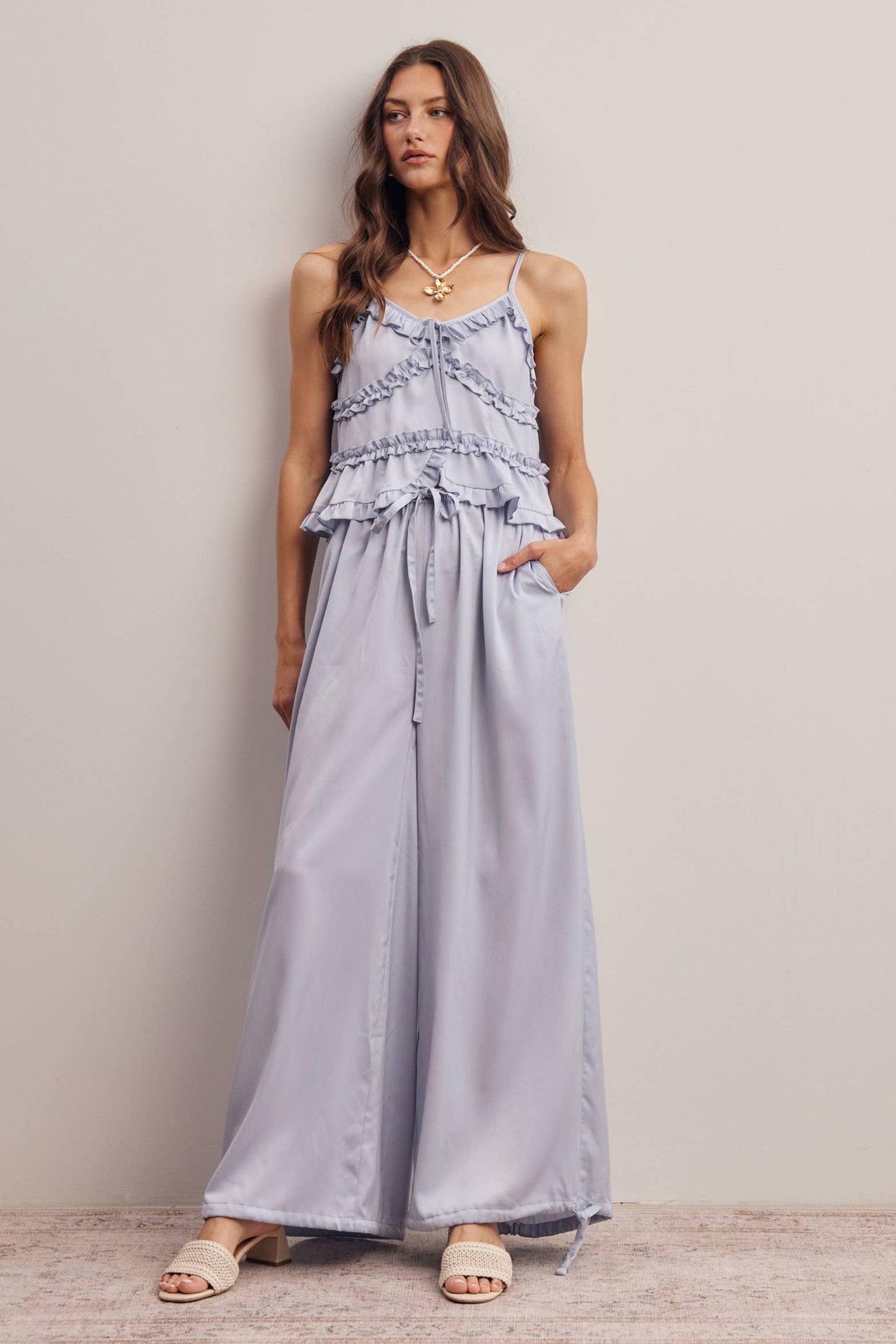 Ruffle Trim Tie Front Cami Top