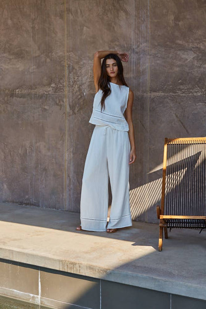 L9511B | Woven Cotton Waist Tie Strap Wide Leg Pants