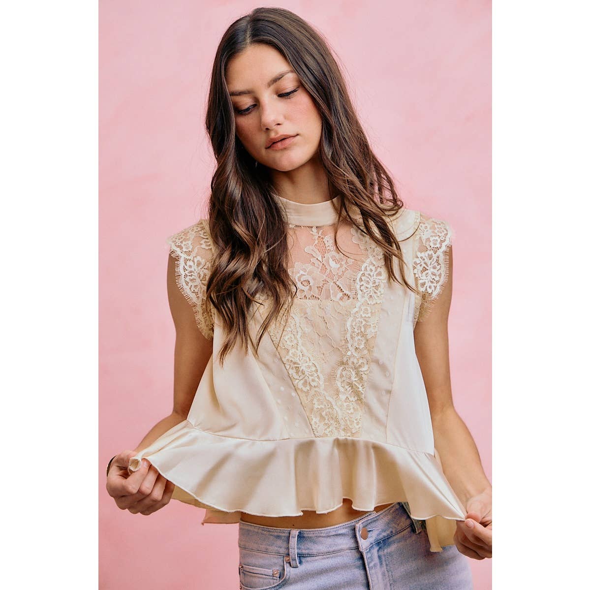 SATIN MOCK NECK LACE TRIM PEPLUM BLOUSE TOP