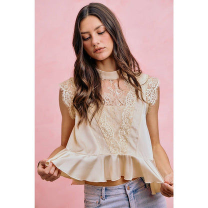 SATIN MOCK NECK LACE TRIM PEPLUM BLOUSE TOP