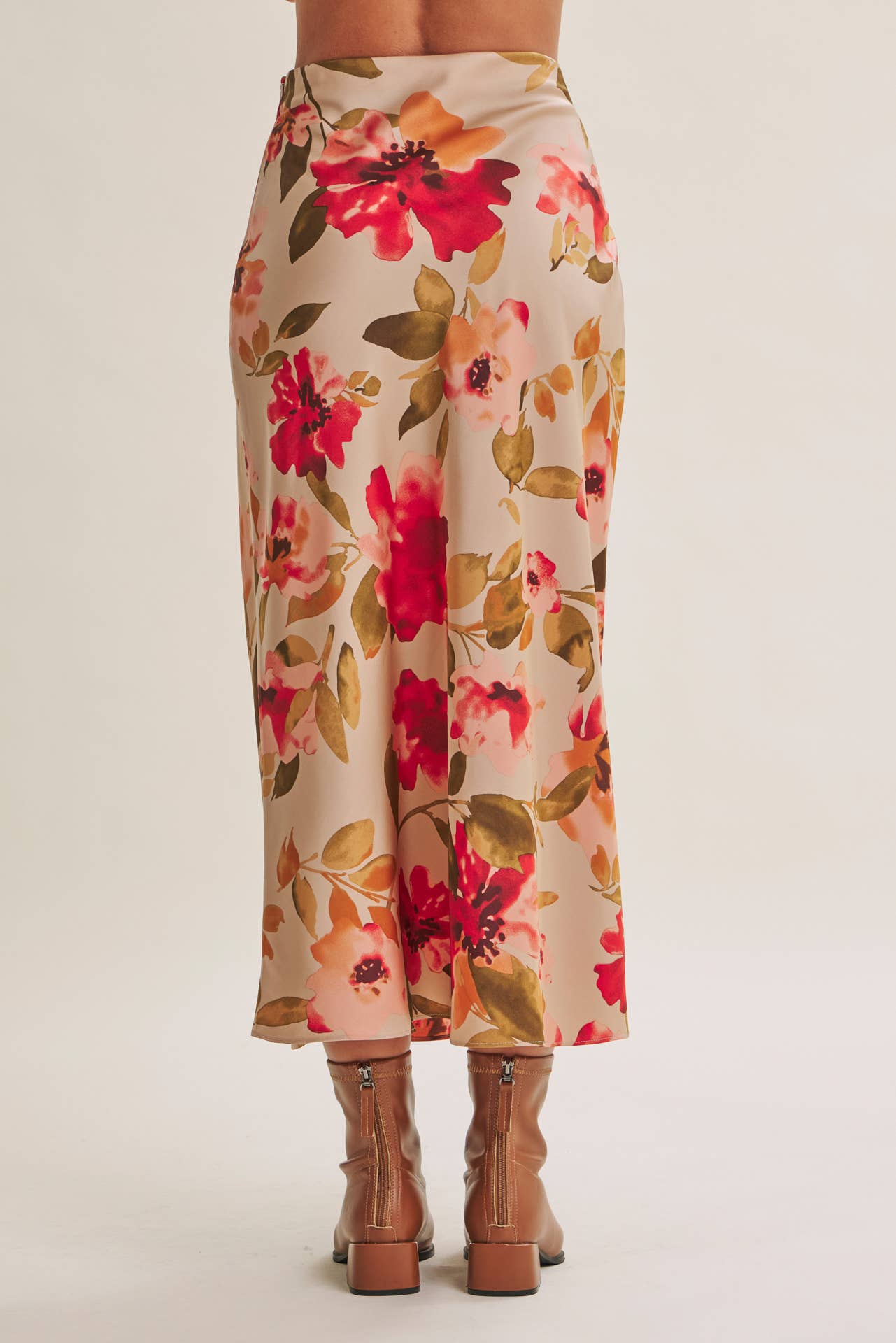 DRAPES SMOOTHLY SOFT FLORAL SATIN BIAS CUT MIDI SKIRT
