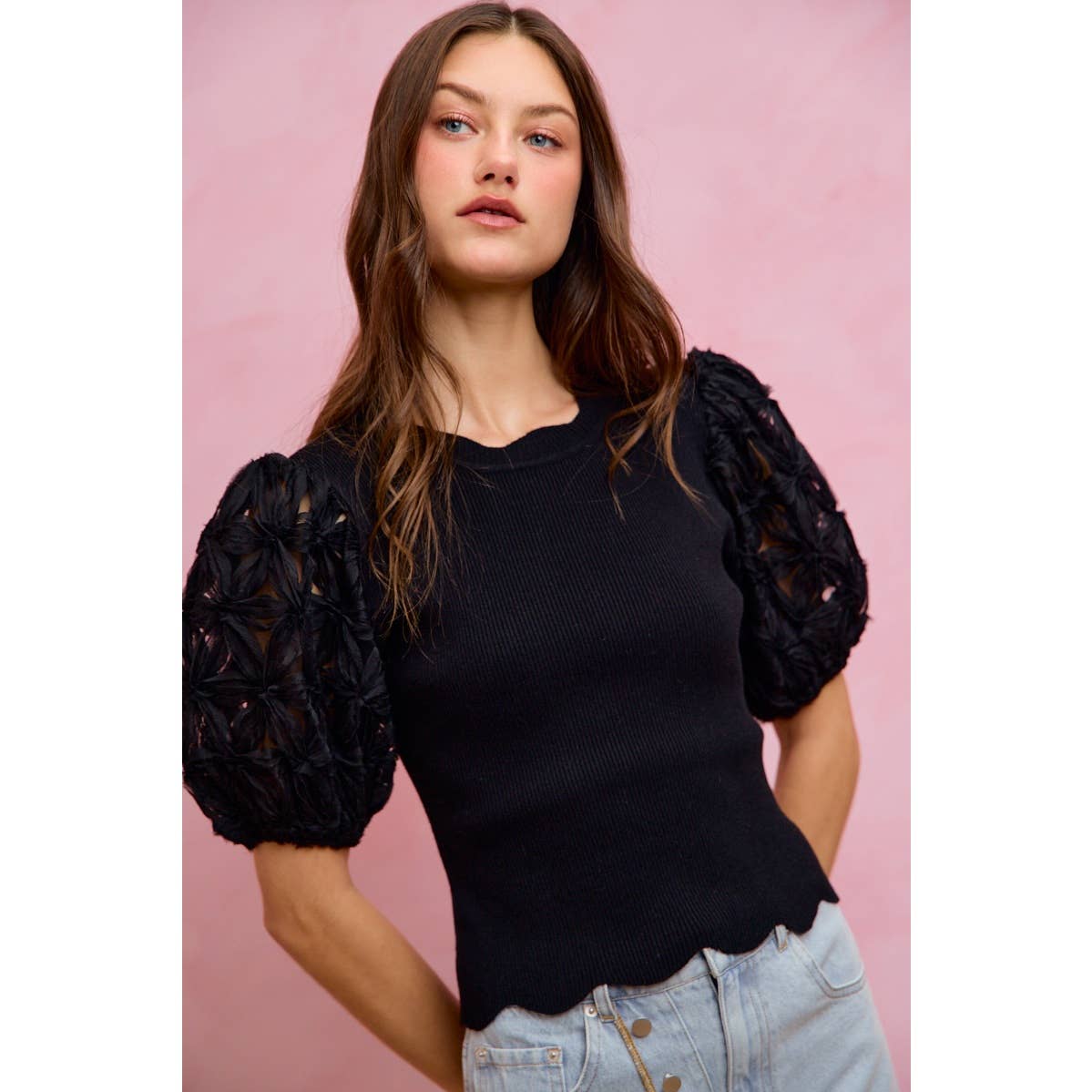 3D FLORAL CONTRAST SLEEVE SCALLOP SWEATER KNIT TOP