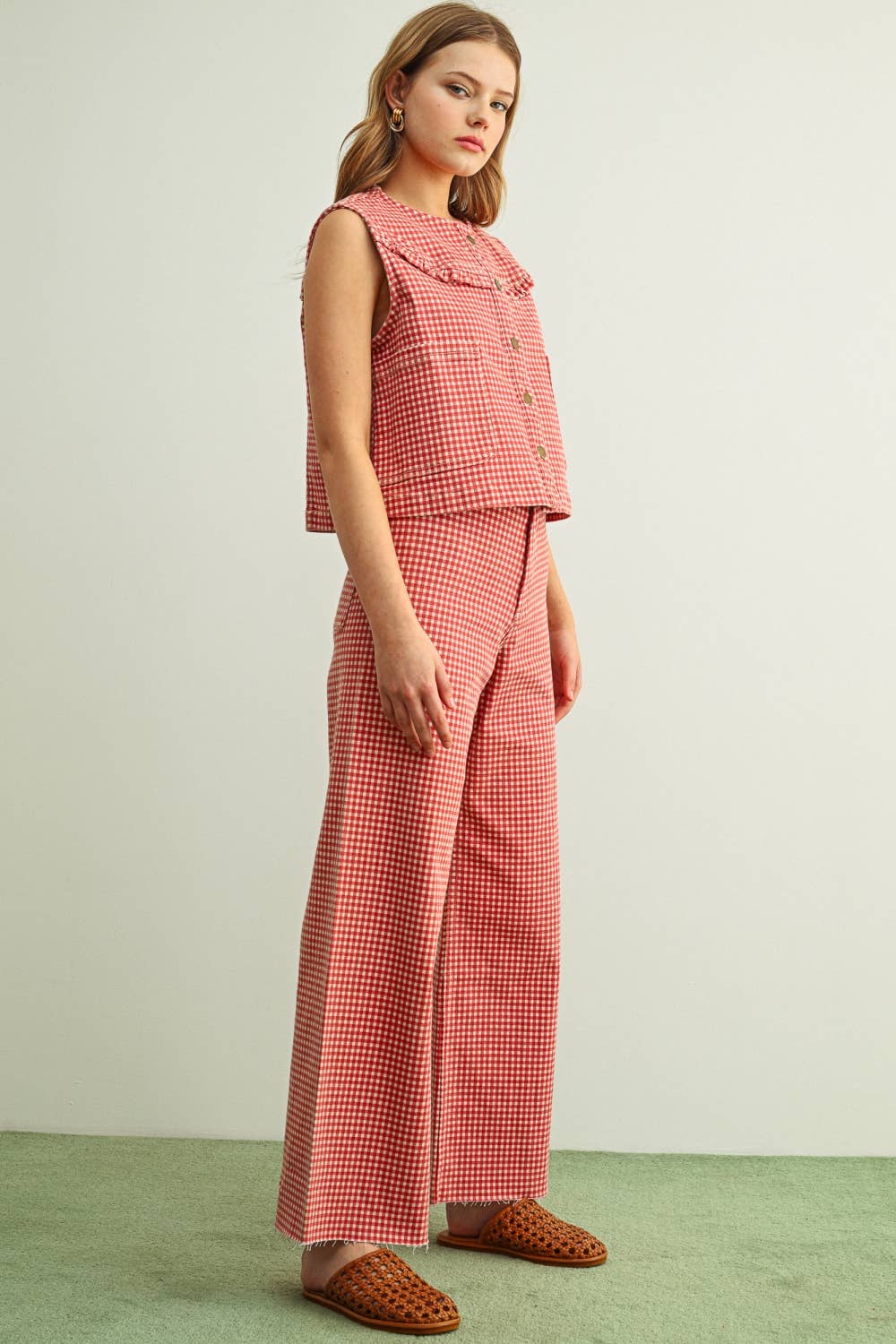 GINGHAM PRINTED STRETCH PANTS