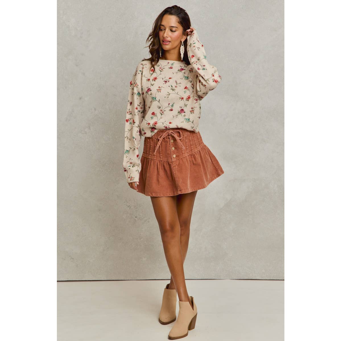 MINERAL WASH PINTUCKED CORDUROY MINI FLARED SKIRT