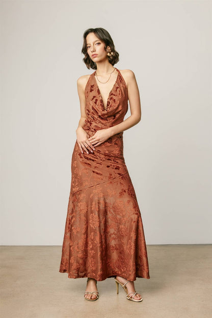Floral Velvet Burnout Halter Cowl Neck Maxi Dress