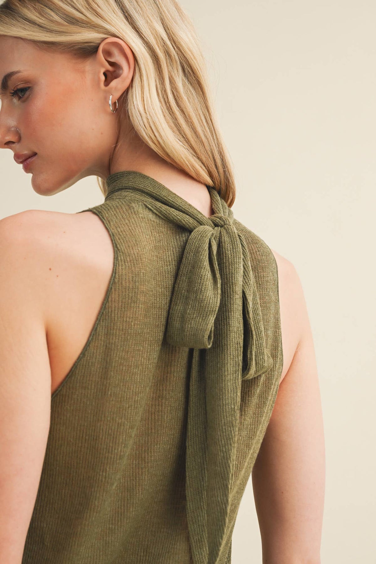 Tie-Back Mock Neck Ribbed Knit Top