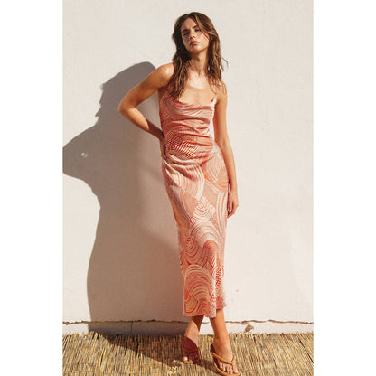 Paisley Cowl Criss Cross Midi Dress