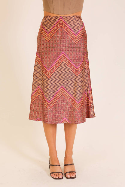 Geo Print Satin Midi Skirt