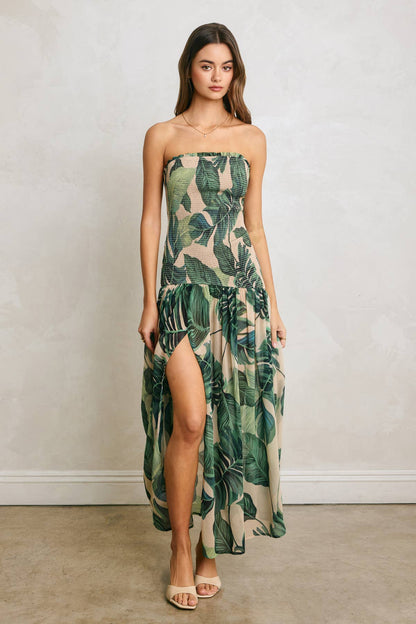 Hidden Oasis Strapless Drop Waist Smocked Dress