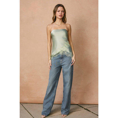 Satin Asymmetrical Lace Hem Sleeveless Top