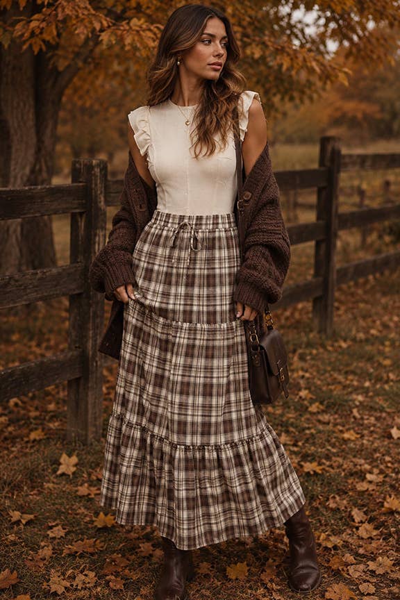 Plaid Tiered Maxi Skirt