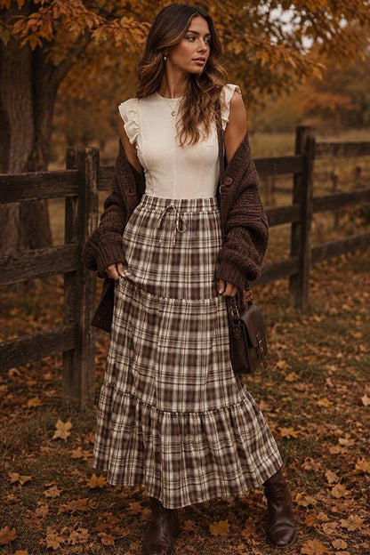 Plaid Tiered Maxi Skirt