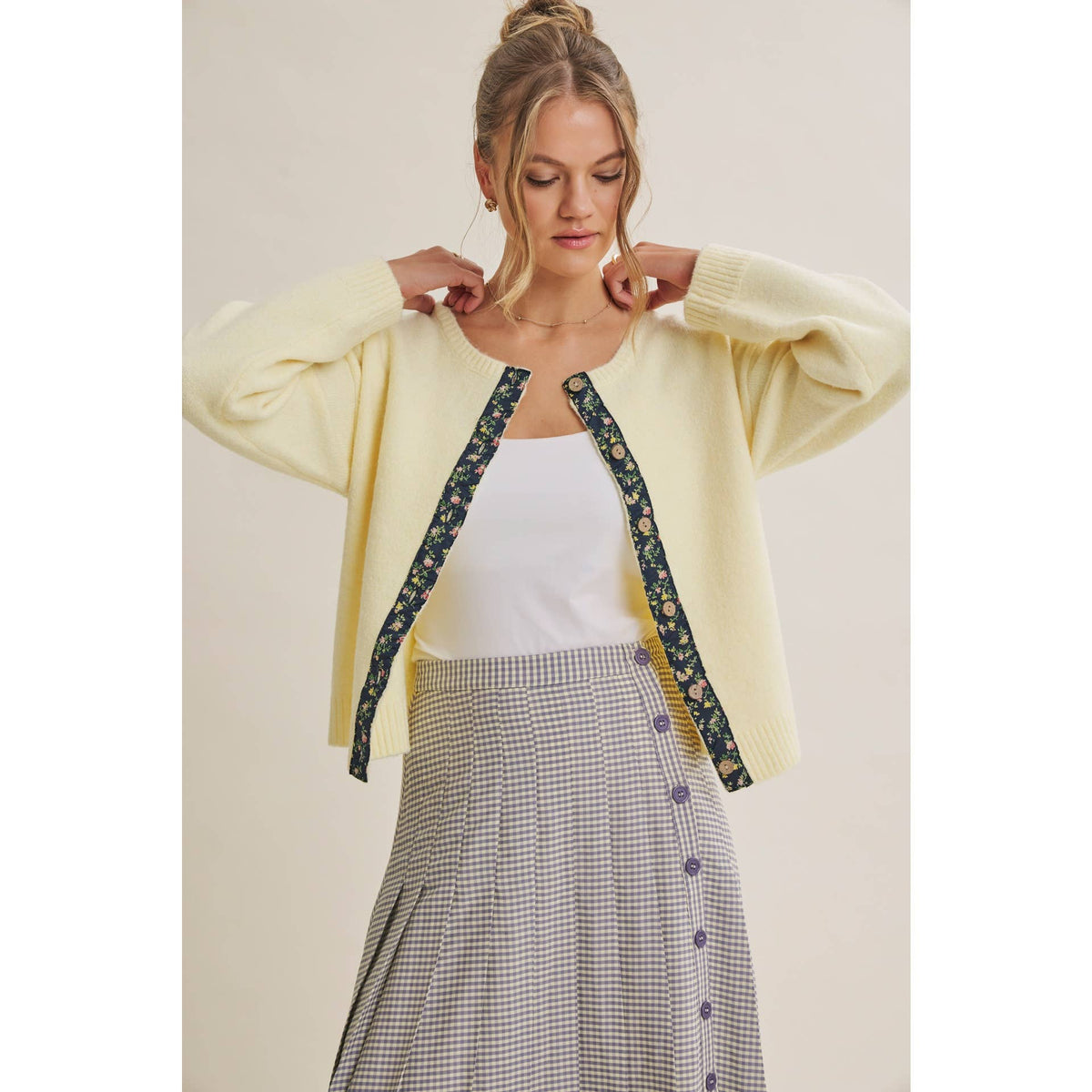 COTTAGE GARDEN WOOL BLEND FLORAL PLACKET SWEATER CARDIGAN