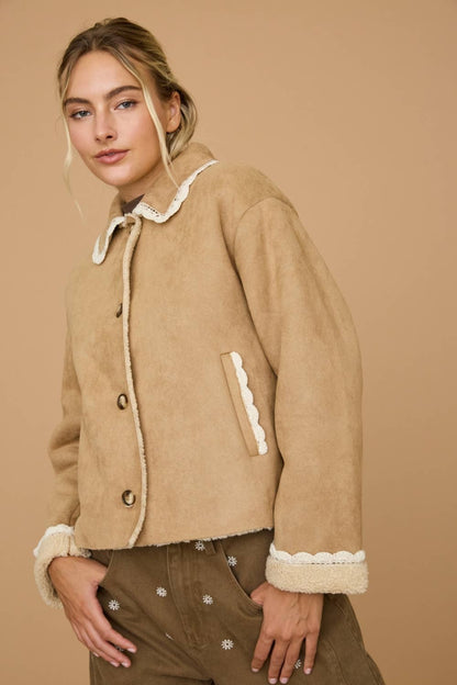 Lace Trim Faux Suede Sherpa Button Front Jacket