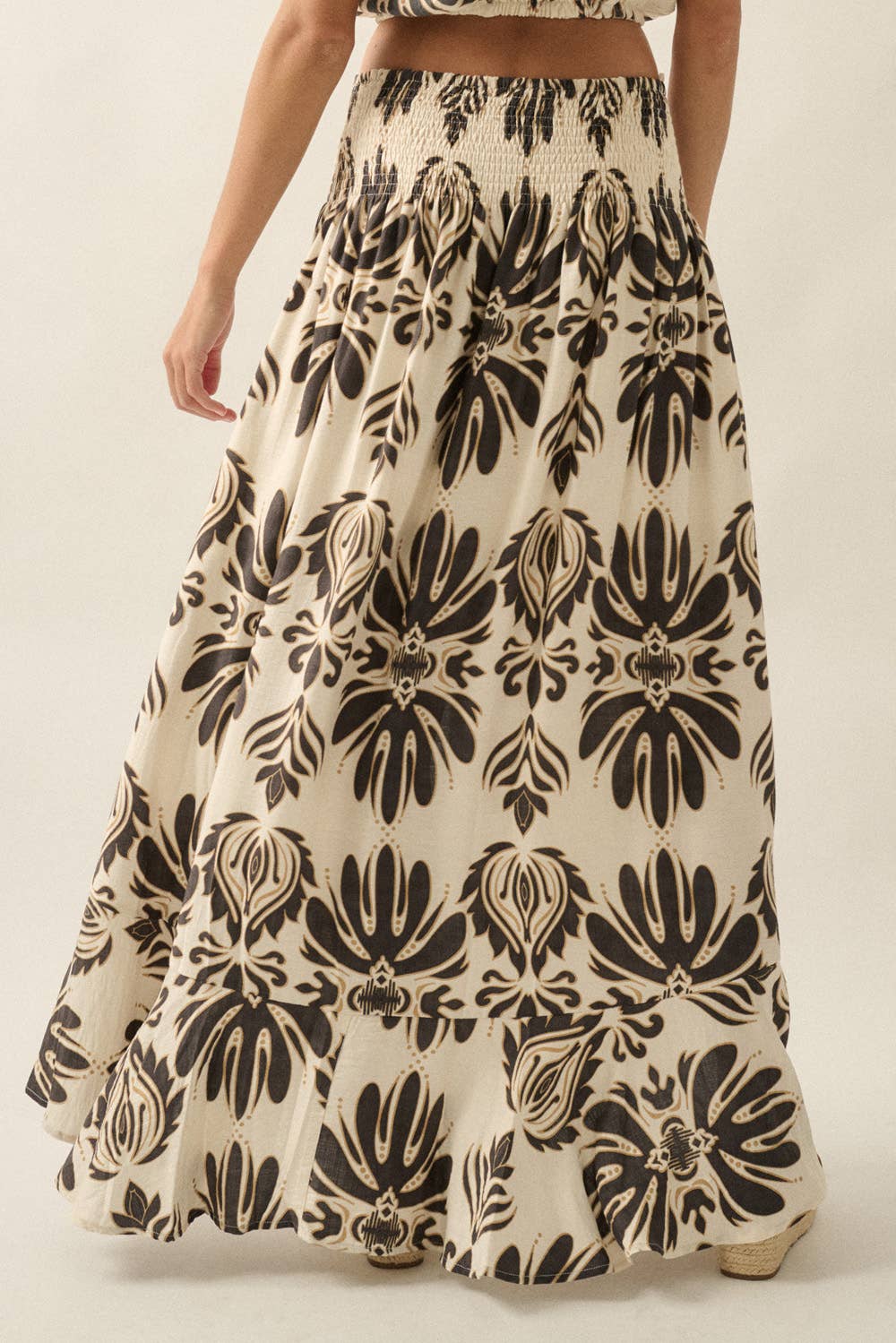 Ornate Floral-Print Button-Front Drawstring Maxi Skirt