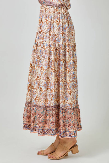 Border Print Tiered Long Skirt