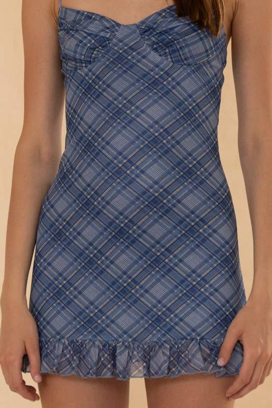 Knit Checkered Print Power Mesh Ruffle Mini Dress