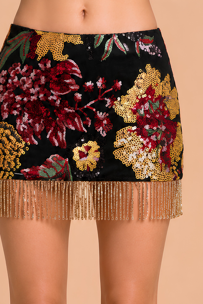 FLORAL SEQUIN FRINGE MINI SKIRT