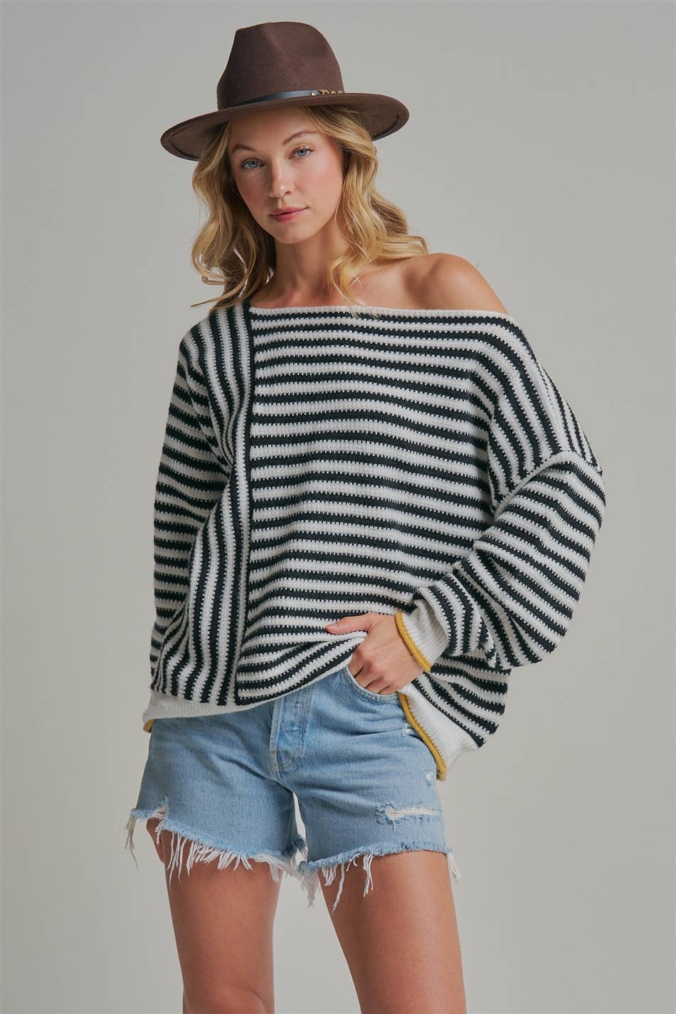 OVERSIZED STRIPE OFF SHOULDER SWEATER TOP