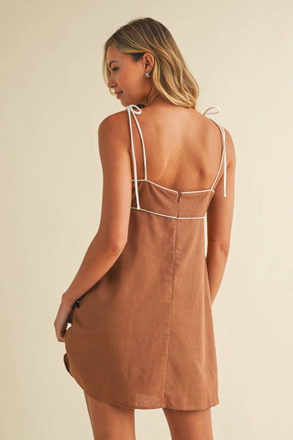 LINEN CONTRAST SLEEVELESS FLARE MINI DRESS
