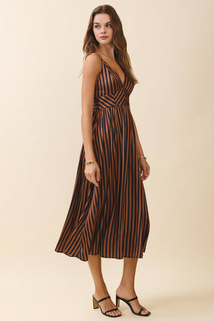 Striped V Neck Smocked Back Midi Dress